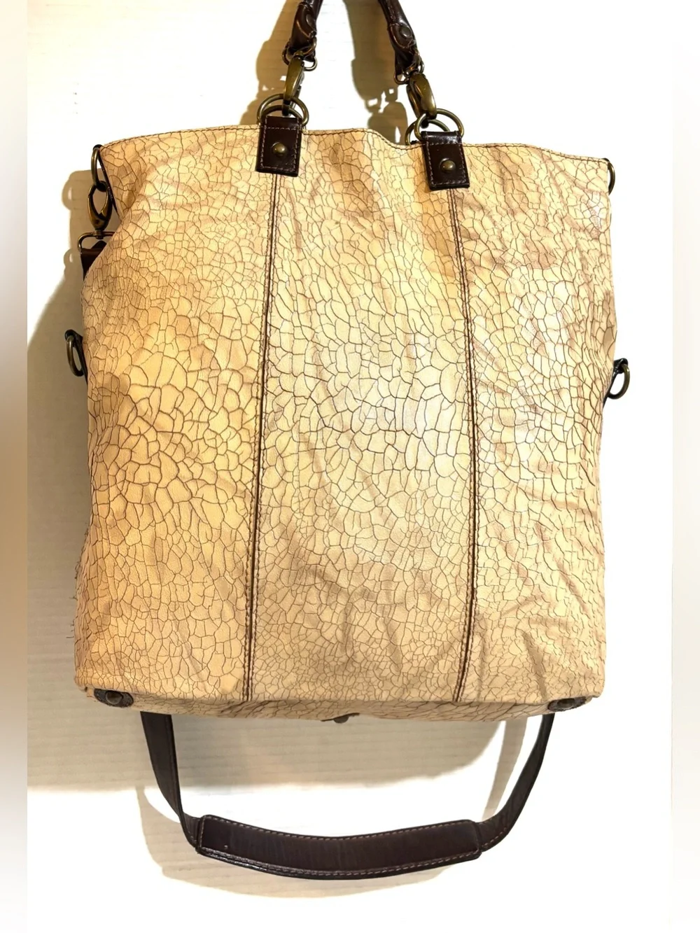 Beige Cracked-Texture Tote Bag leather with Dark Brown Trim